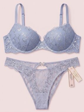 NWT Victoria's Secret Pastel Cloudy Blue Lace Push-Up Bra & Butterfly Panty Set